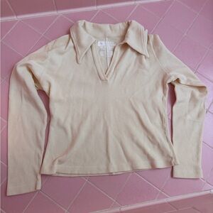 Big Bud Press many Colors waffled V-Neck Long Sleeve collared Top in Cream